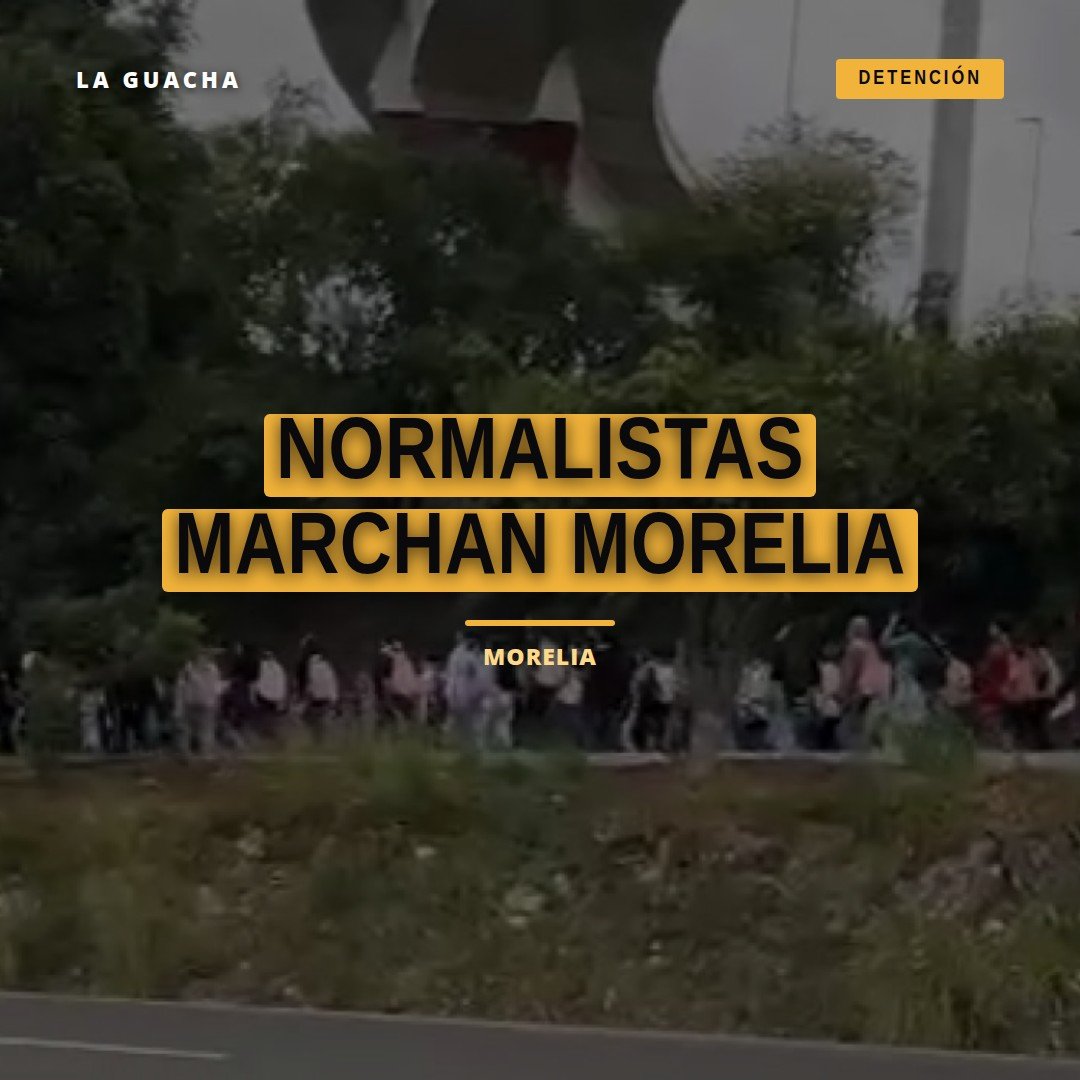 Grupo de jóvenes caminando sobre la calzada La Huerta en Morelia, Michoacán, durante la marcha de normalistas