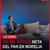 David Cortés hablando ante micrófono en Morelia, con fondo de bandera del PAN, destacando la meta de mantener 160 mil votos