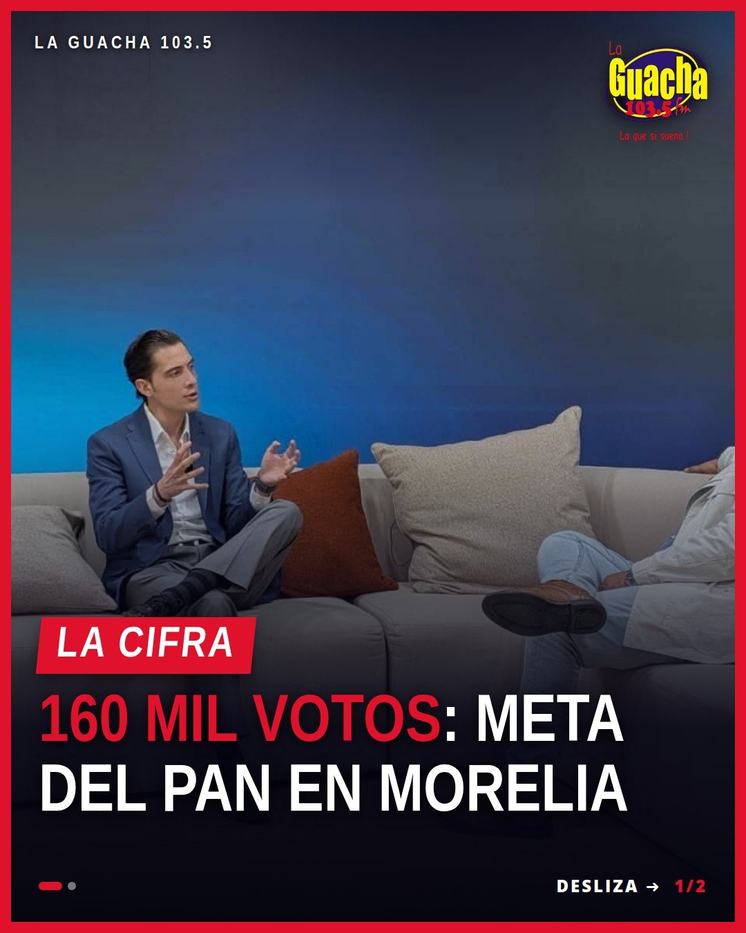 David Cortés hablando ante micrófono en Morelia, con fondo de bandera del PAN, destacando la meta de mantener 160 mil votos