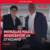 Tres patrullas Police Interceptor de última generación estacionadas frente a autoridades en Zitácuaro, Michoacán, durante su