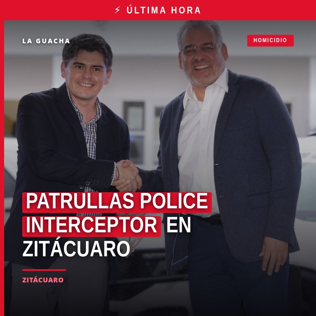 Tres patrullas Police Interceptor de última generación estacionadas frente a autoridades en Zitácuaro, Michoacán, durante su
