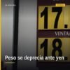 Gráfica de tipo de cambio peso-dólar en tiempo real, con flecha roja descendente y símbolo del yen japonés destacado
