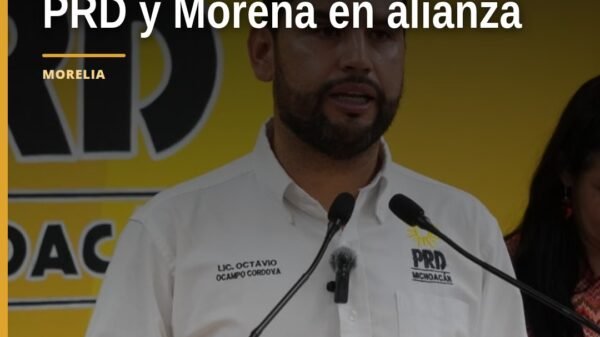 Fotografía simbólica de manos unidas con banderas del PRD y Morena, representando la alianza prd morena en contexto político