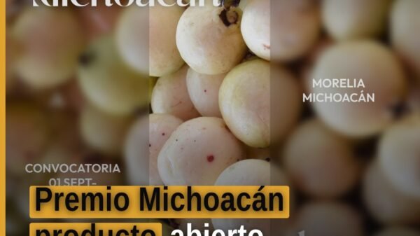 Premio Michoacán producto: preseas de oro, plata y cobre junto a una faja textil de telar de cintura sobre fondo con