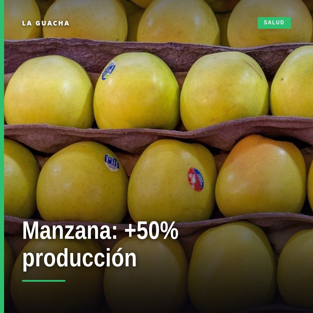 Producción nacional de manzana: montón de manzanas rojas y verdes sobre superficie rústica, con etiqueta '2026 +50%'