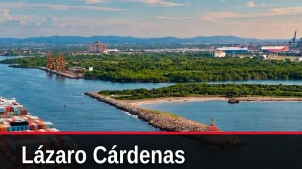 Vista aérea del puerto de lázaro cárdenas con grúas, contenedores y buques amarrados, destacando su actividad logística como