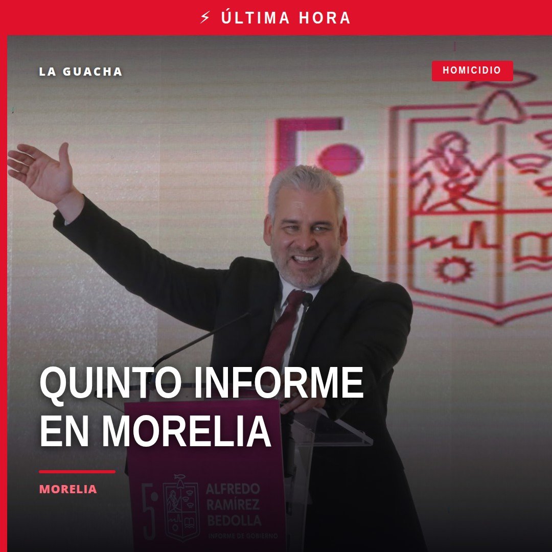 Quinto informe de gobierno: el gobernador Alfredo Ramírez Bedolla hablando frente a una audiencia en Morelia, con logo