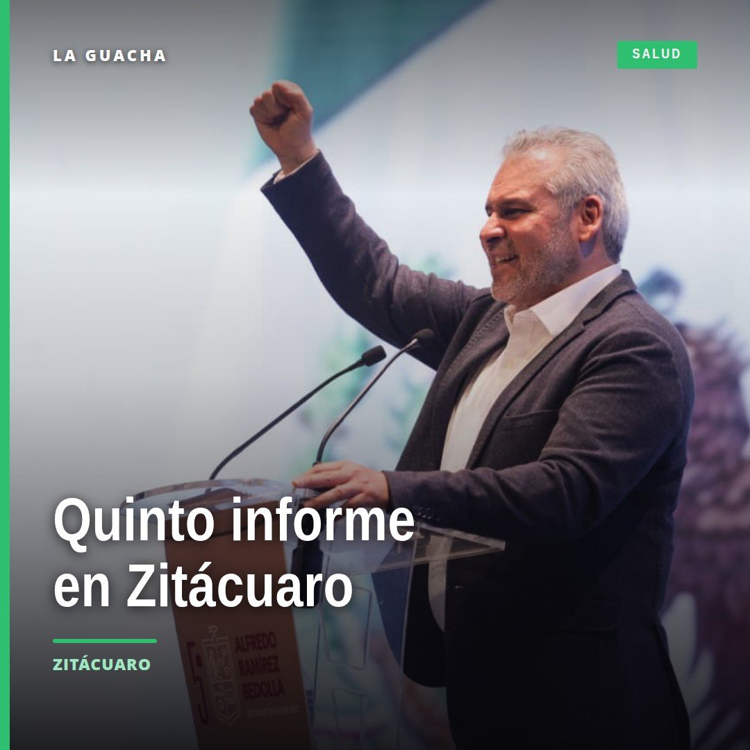 Quinto informe gobierno en Zitácuaro: el gobernador Alfredo Ramírez Bedolla hablando ante público durante el evento oficial