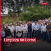 Voluntarios y personal de Conagua Michoacán y Ceac realizando limpieza río Lerma en La Piedad, con bolsas de basura y equipo
