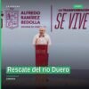 Imagen representativa del río Duero en Zamora, Michoacán, con señalética de obra pública y símbolo de agua limpia, asociado