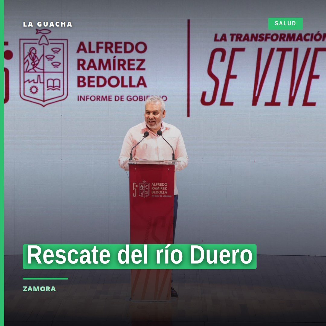 Imagen representativa del río Duero en Zamora, Michoacán, con señalética de obra pública y símbolo de agua limpia, asociado