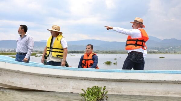 Retiro de lirio en la Presa Malpaís de Queréndaro: maquinaria acuática operando sobre superficie cubierta parcialmente por