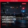 Ilustración simbólica de una escena urbana en Apatzingán con silueta de persona detenida y sello judicial; representa