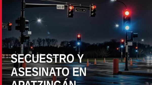 Ilustración simbólica de una escena urbana en Apatzingán con silueta de persona detenida y sello judicial; representa