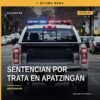 Ilustración simbólica de justicia y protección: balanza y escudo sobre fondo azul, con texto 'trata de personas apatzingán'