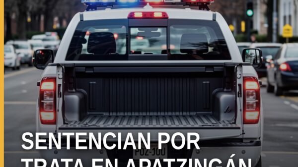 Ilustración simbólica de justicia y protección: balanza y escudo sobre fondo azul, con texto 'trata de personas apatzingán'