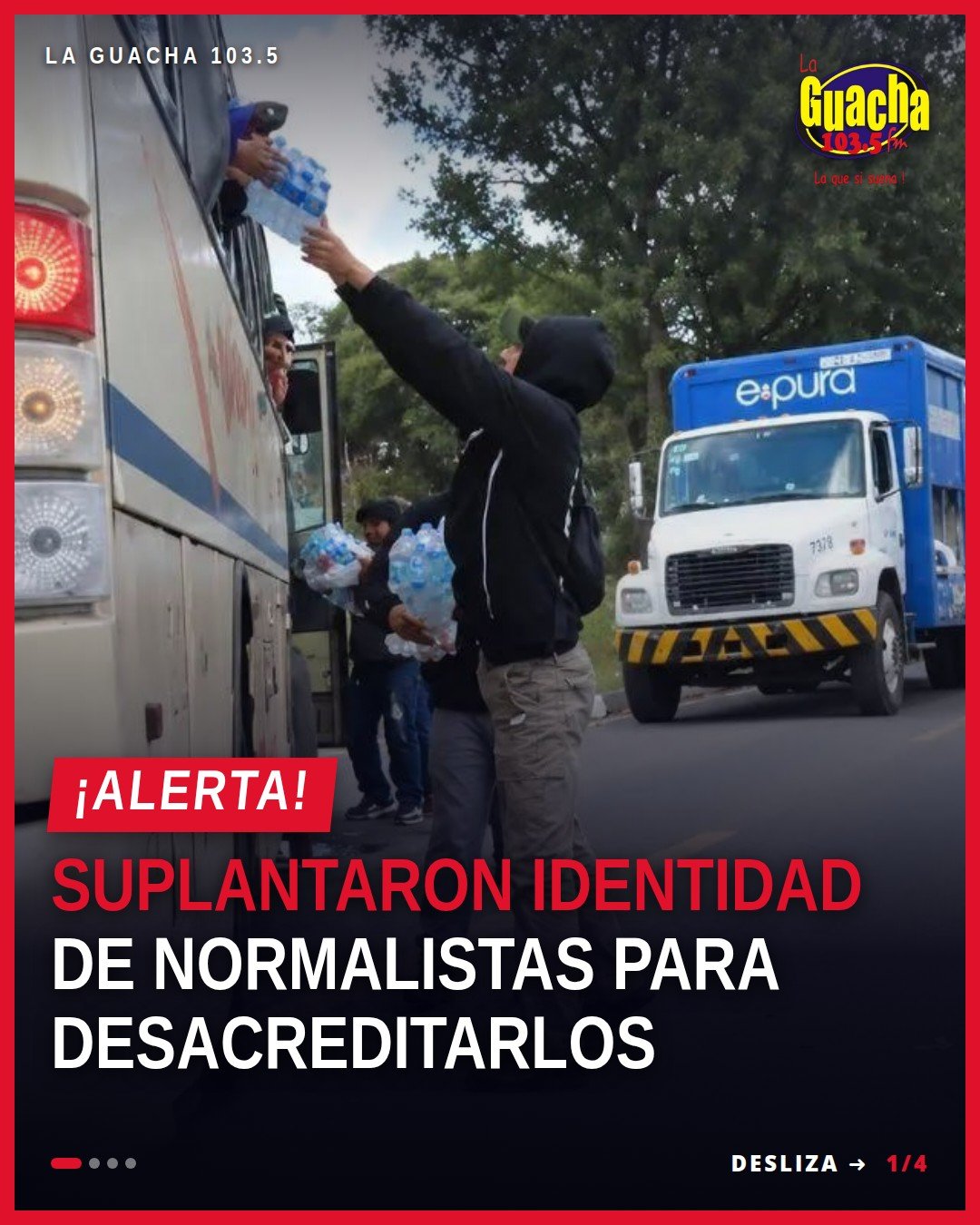 Jóvenes con siglas 'ENEF' pegadas con cinta adhesiva en ropa, en contexto de saqueo de camión en Zacapu, Michoacán —