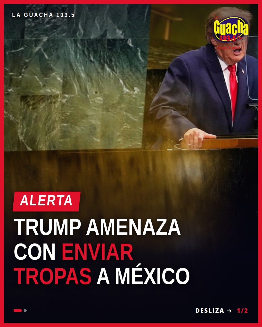 Foto de Trump hablando en la tribuna de la Asamblea General de la ONU, con bandera de Estados Unidos y logo de la ONU al