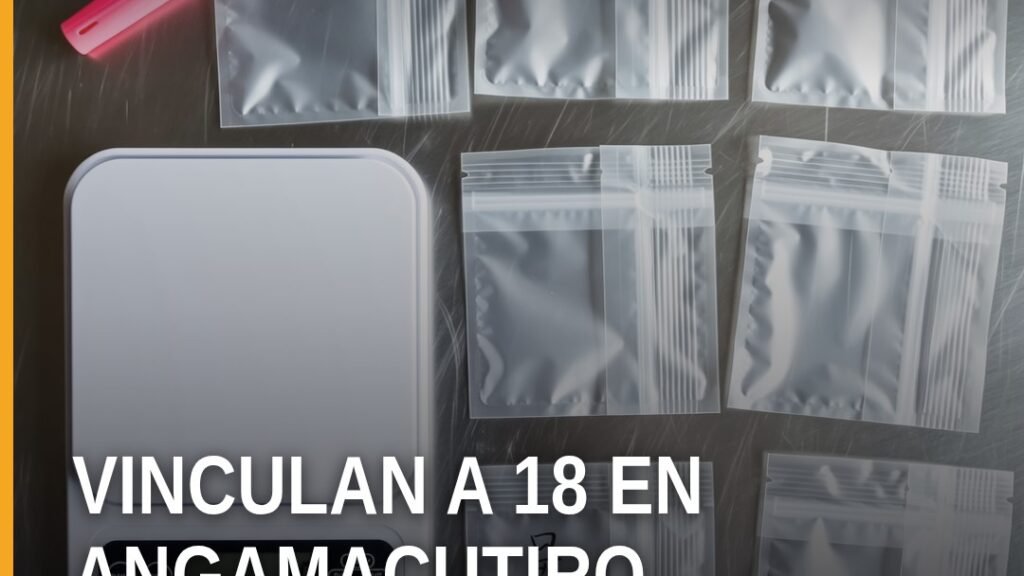 Ilustración simbólica de balanza de justicia y mapa de Michoacán con marcadores en Angamacutiro y Puruándiro, vinculación a