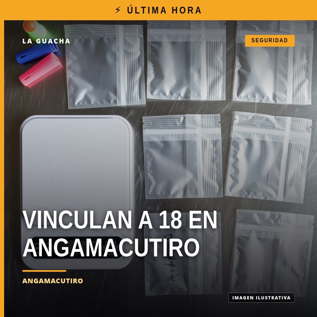 Ilustración simbólica de balanza de justicia y mapa de Michoacán con marcadores en Angamacutiro y Puruándiro, vinculación a