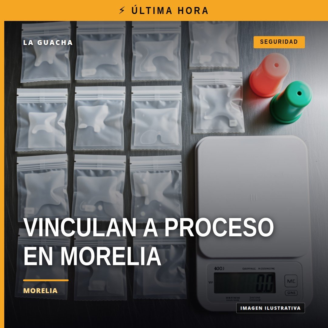 Ilustración simbólica de una balanza de justicia y un mapa de Morelia, Michoacán, con texto 'vinculación a proceso morelia'