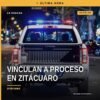 Ilustración simbólica de una balanza de justicia y una camioneta Nissan Frontier frente a un establecimiento de agroquímicos