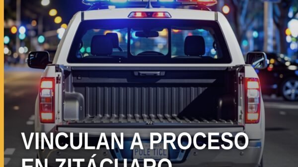 Ilustración simbólica de una balanza de justicia y una camioneta Nissan Frontier frente a un establecimiento de agroquímicos