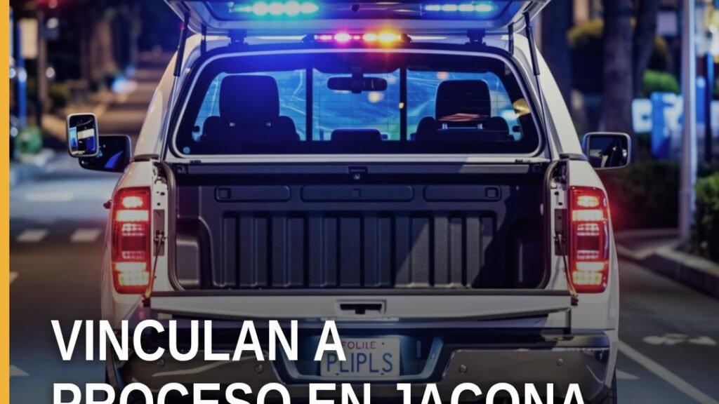 Ilustración simbólica de balanza de justicia y silueta de Jacona, con texto 'vinculación a proceso jacona'
