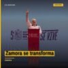 Fotografía oficial del 5° Informe de Gobierno de Alfredo Ramírez Bedolla en Zamora, con bandera de Michoacán y letrero