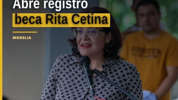 Logotipo de la beca Rita Cetina con fondo azul y blanco, junto a texto 'Registro abierto del 26 de octubre al 6 de