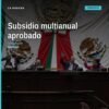 Ilustración conceptual de autobuses y teleférico en Michoacán con símbolos de ley y presupuesto, representando el subsidio