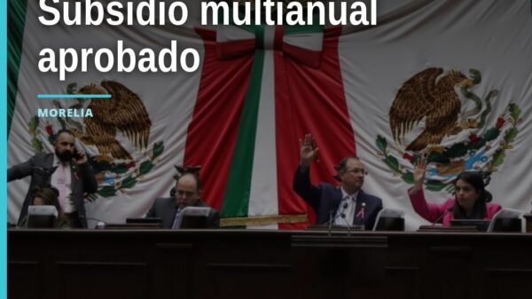 Ilustración conceptual de autobuses y teleférico en Michoacán con símbolos de ley y presupuesto, representando el subsidio