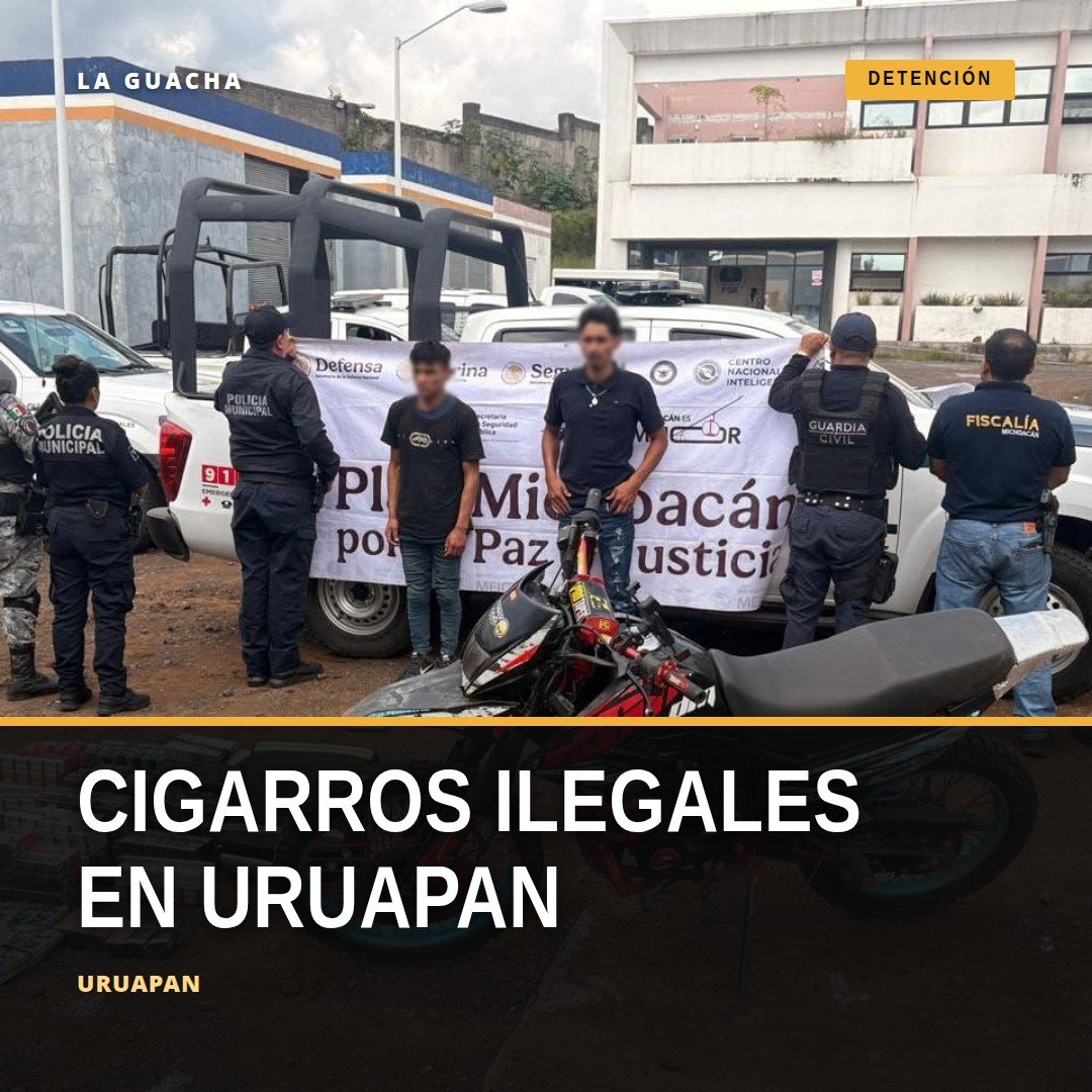 Dos hombres detenidos por la SSP en Uruapan con mochila que contiene cajetillas de cigarros ilegales