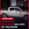 Imagen ilustrativa de un artefacto explosivo tipo granada junto a dos camionetas y placas vehiculares, representando la