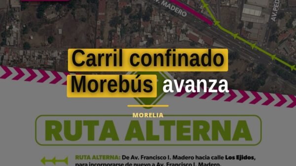 Vista aérea de obras en la avenida Francisco I. Madero, Morelia, con señalización y desvío indicado hacia calle Los Ejidos