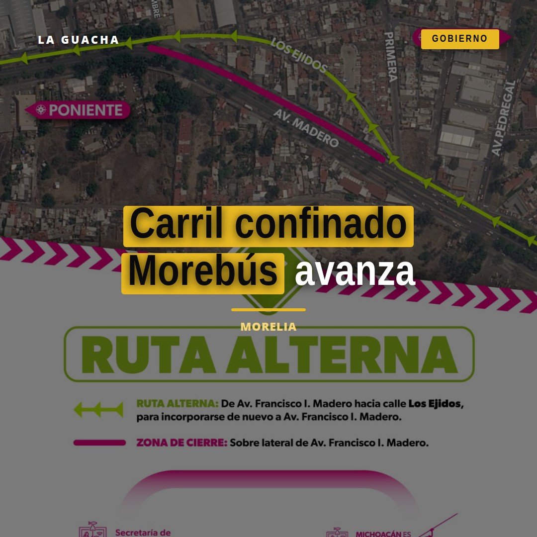 Vista aérea de obras en la avenida Francisco I. Madero, Morelia, con señalización y desvío indicado hacia calle Los Ejidos