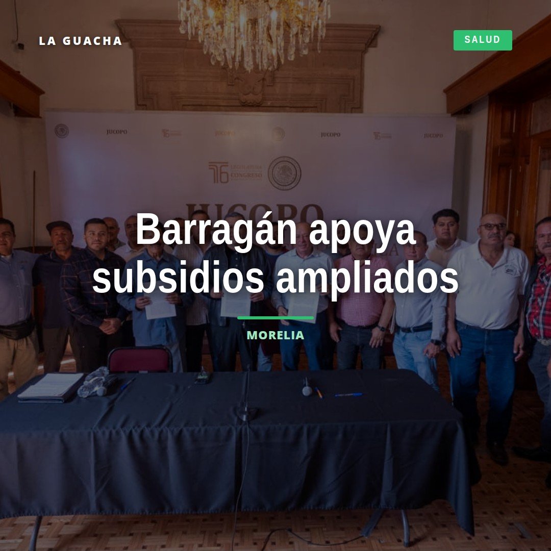 Diputado Juan Carlos Barragán hablando frente a microbuses y combis en Morelia, con letrero que menciona subsidios