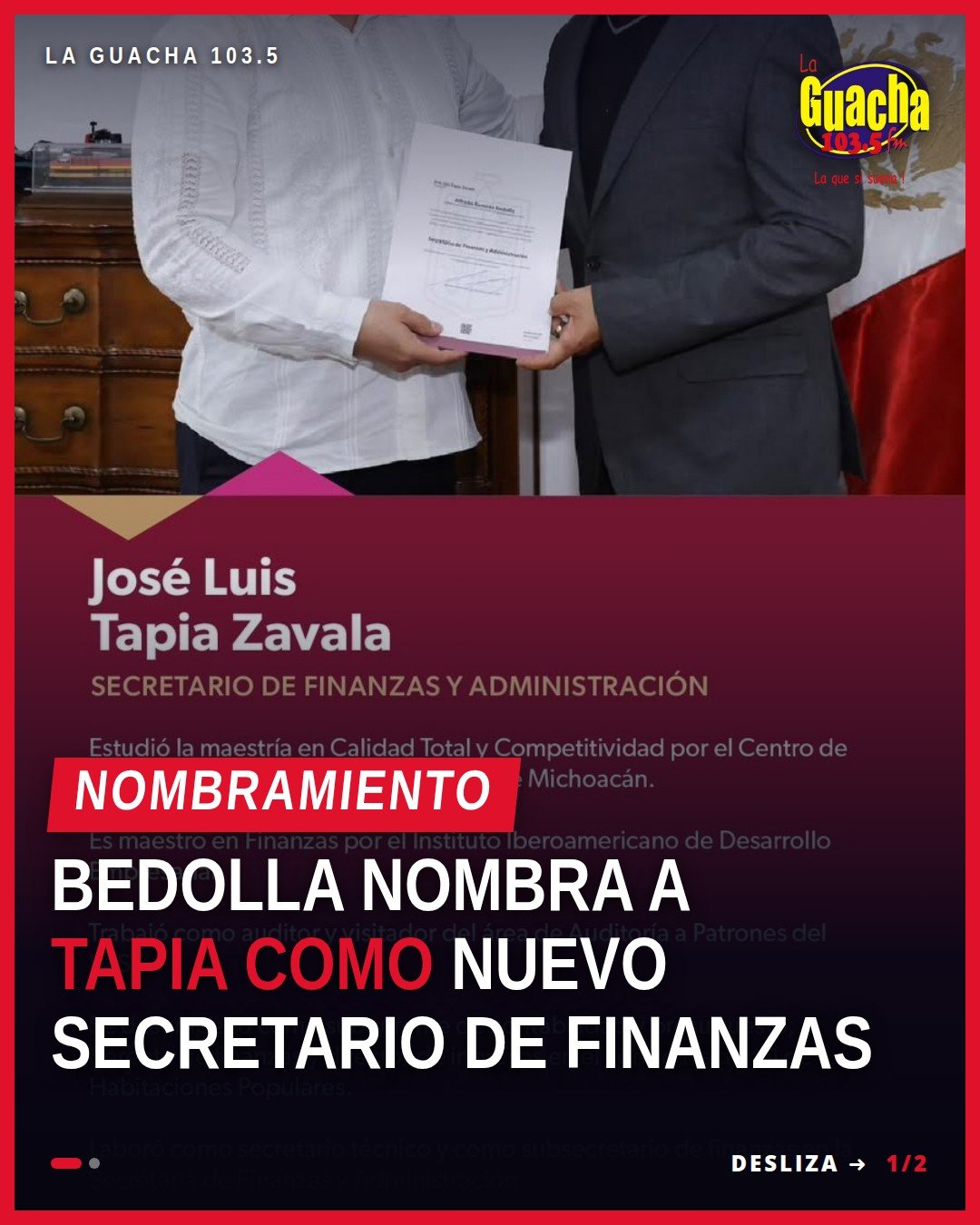 José Luis Tapia Zavala recibe nombramiento como secretario de Finanzas y Administración en Morelia, Michoacán, durante acto