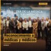 Diputada Belinda Iturbide Díaz hablando ante personal médico en evento en Morelia, Michoacán, con fondo de bandera y letrero