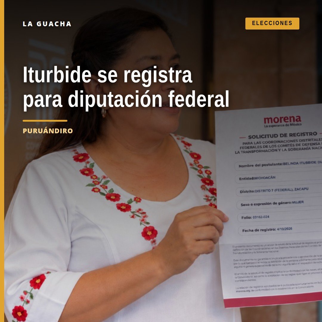 Belinda Iturbide Díaz frente a un micrófono en Puruándiro durante su registro diputación federal