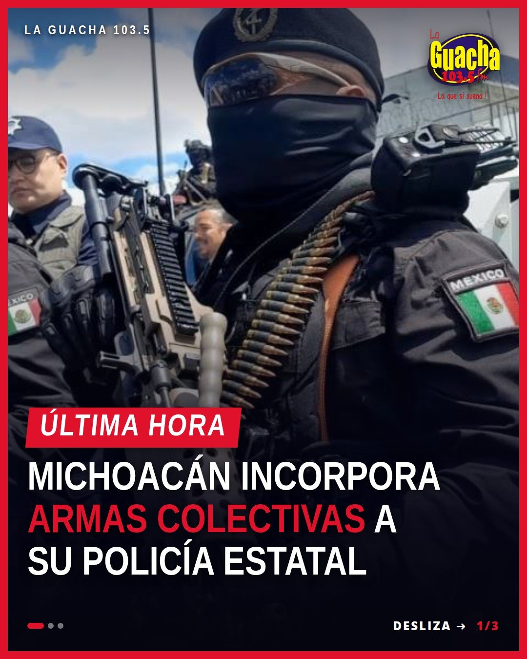 Agentes de la Guardia Civil de Michoacán en formación con armas colectivas, bajo bandera estatal