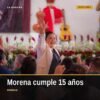 morena 15 años: diputada Belinda Iturbide Díaz hablando ante micrófono en evento público en Morelia, Michoacán