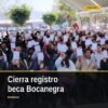 Logotipo de la beca Gertrudis Bocanegra con texto 'Registro cierra 9 de octubre' y fondo azul con símbolos de transporte y