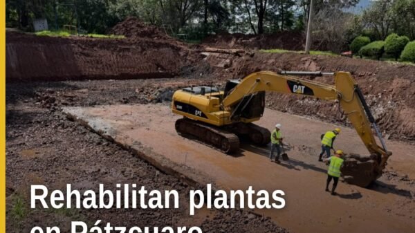 rehabilitación plantas tratamiento en el lago de Pátzcuaro: obra en marcha en planta de Las Garzas o Janitzio, con personal
