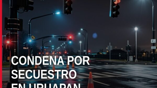 Ilustración simbólica de balanza de justicia y mapa de Uruapan, Michoacán, relacionada con secuestro agravado uruapan