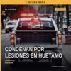 Ilustración simbólica de balanza de justicia y escudo de la Fiscalía Michoacán, con fondo que sugiere Huetamo; representa