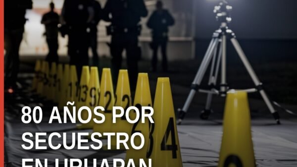 Ilustración simbólica de balanza de justicia y mapa de Uruapan, Michoacán, relacionada con secuestro agravado uruapan