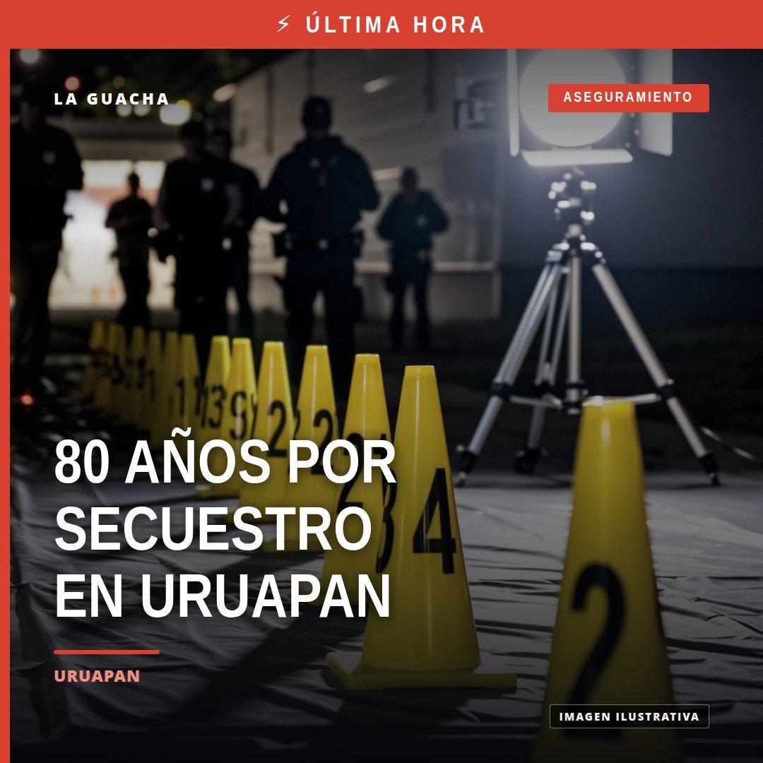 Ilustración simbólica de balanza de justicia y mapa de Uruapan, Michoacán, relacionada con secuestro agravado uruapan