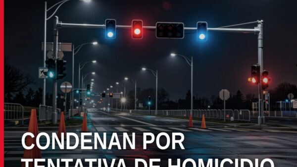 Ilustración simbólica de balanza de justicia y silueta de edificio urbano en Buenavista, Apatzingán, con foco en tentativa