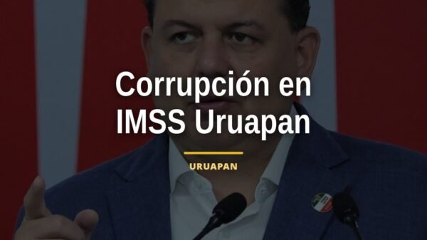 Foto simbólica de fachada incompleta de hospital en Uruapan con letrero 'IMSS', alusión a corrupción en construcción imss